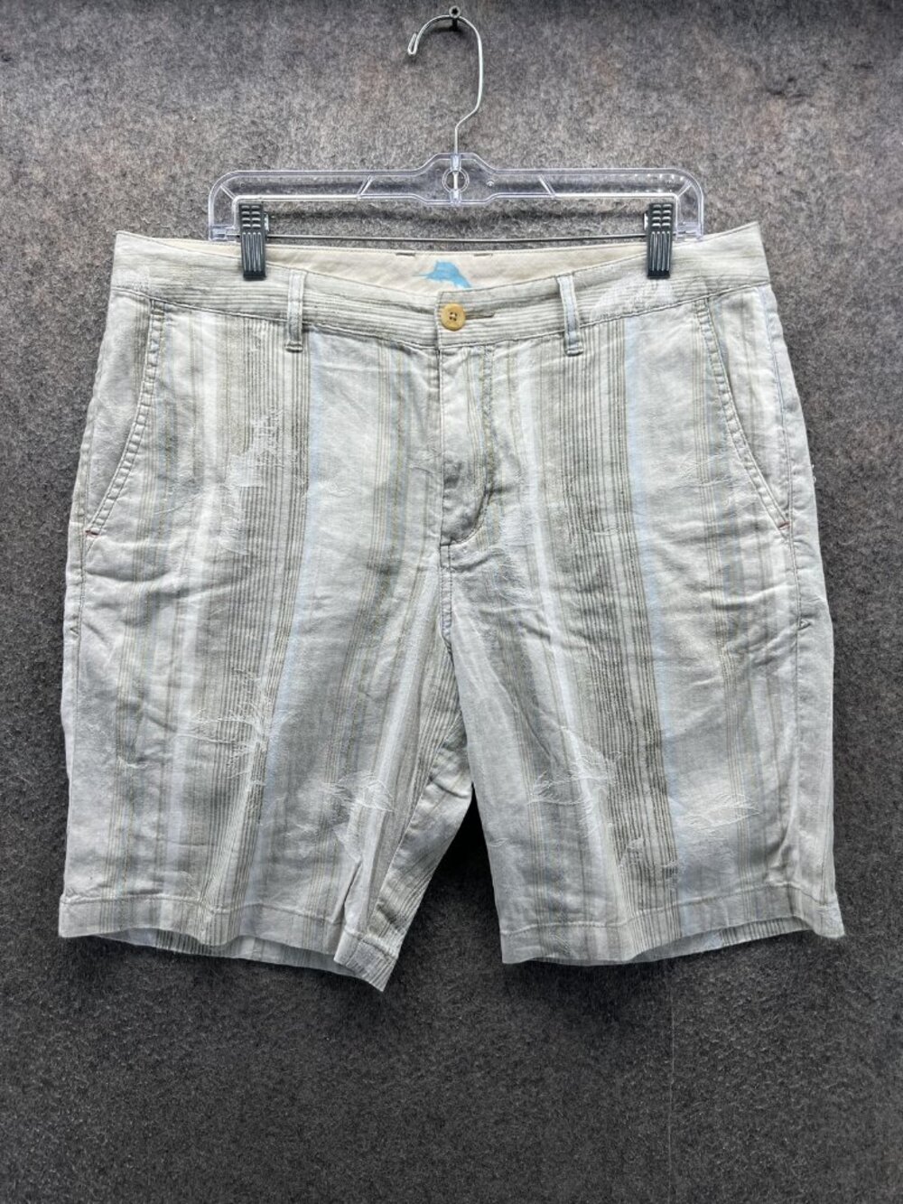 Tommy Bahama Shorts Mens 34 Beige Linen Striped Chino 9 Inseam Casual Summer